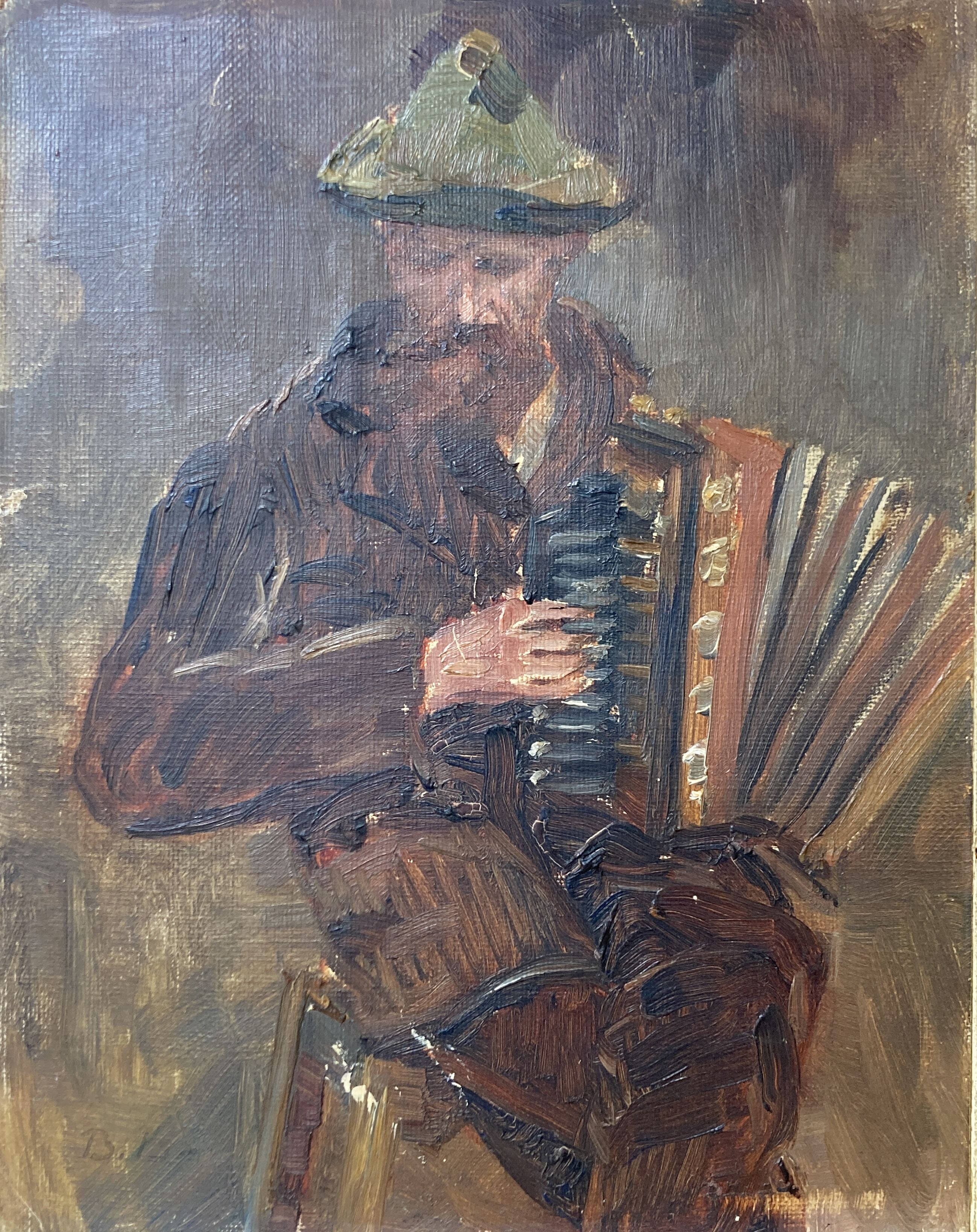 Franco Russian School mid 20th century, oil on canvas, accordian player, indistinctly signed, 24 x 18cm.
